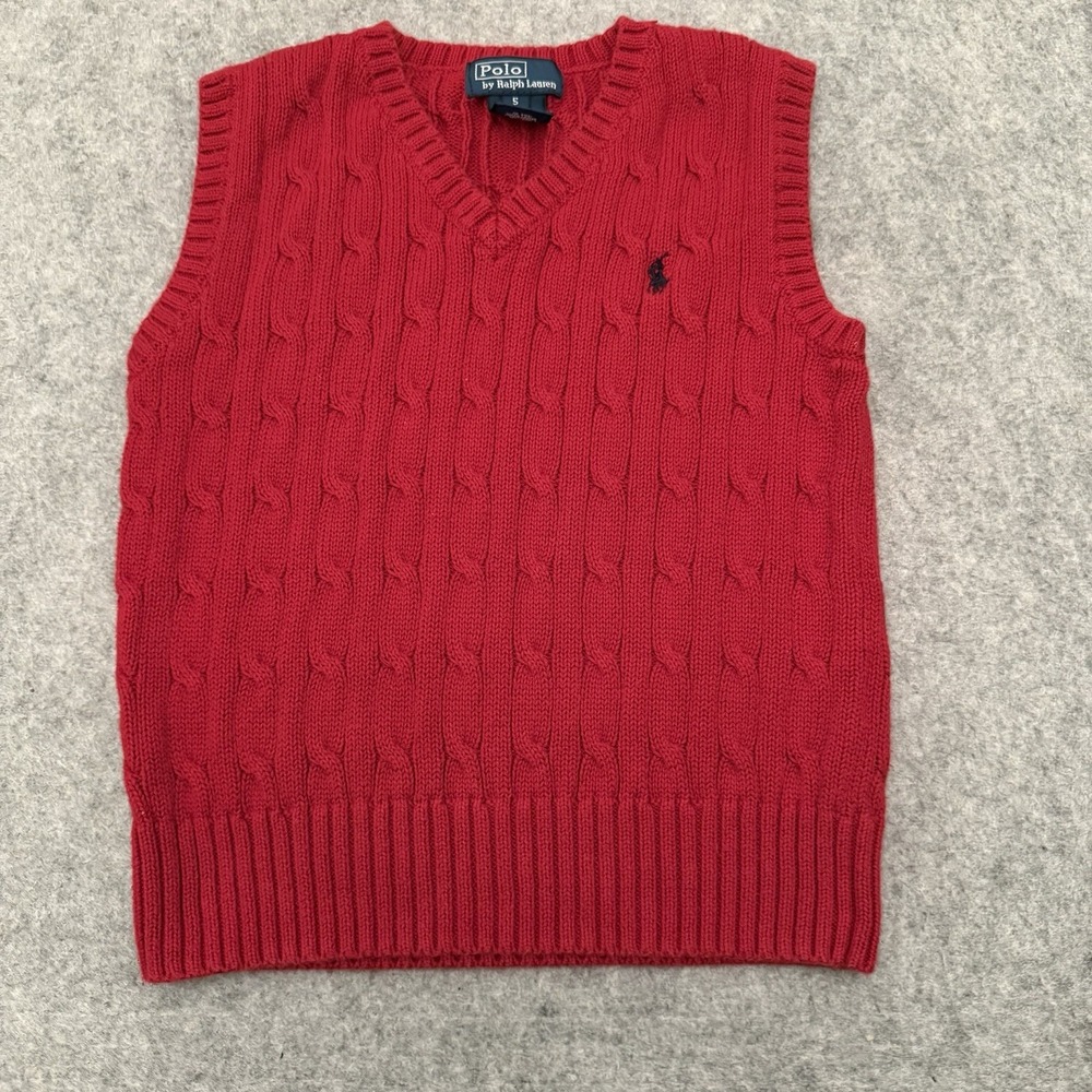 Polo Ralph Lauren Youth Boys Cable Knit Sweater Vest Preppy Holiday Red Size 5
